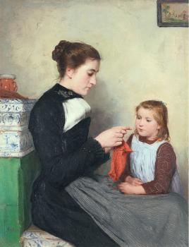 Albert Anker : Knitting bernese woman with child